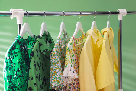 Different women's clothes hanging on rack against green background, closeupの写真素材