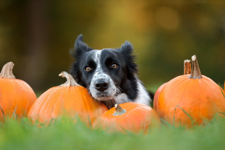 Cute Border Collie dog and pumpkins in autumn parkの写真素材