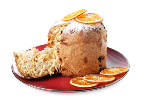 Delicious Panettone cake and orange slices isolated on whiteの写真素材