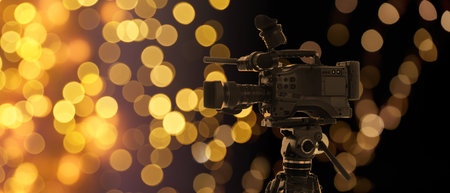 Video camera against blurred lights on dark background, bokeh effect. Banner design
