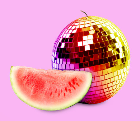 Disco ball fruit with stalk and piece of watermelon on lilac backgroundの写真素材