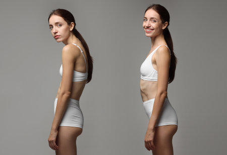 Before and after collage showing woman with good and bad posture against gray backgroundの写真素材