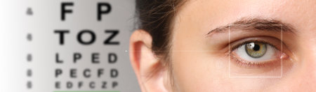 Eye chart and young woman on gray background, banner design. Vision checkの写真素材