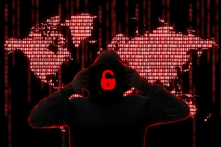 Cyber attack. Hacker with lock instead of face. World map of binary code behind himの写真素材