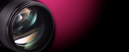 Camera lens against color gradient background, closeup. Banner design with space for textの写真素材