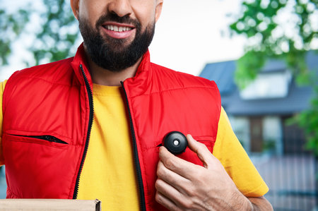 Courier with box outdoors, closeupの写真素材