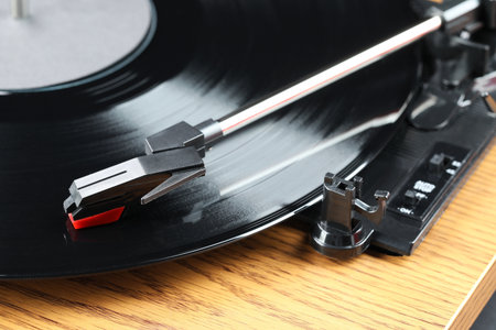 Closeup view of turntable with vinyl record