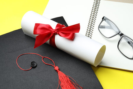 Diploma, graduation hat, glasses and notebook on yellow background, closeupの写真素材