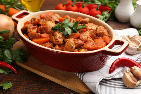 Delicious cooked stew in baking dish and fresh ingredients on wooden table, closeupの写真素材