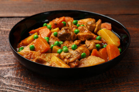 Delicious cooked stew on wooden table, closeupの写真素材