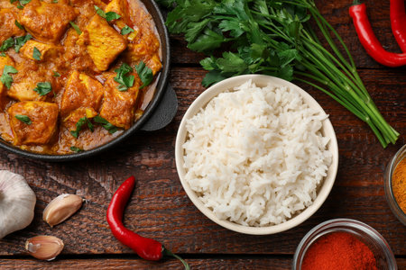 Chicken tikka masala with rice and spices on wooden table, flat layの写真素材