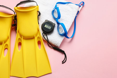 Flippers, towel, goggles and digital stopwatch on pink background, flat lay. Space for textの写真素材