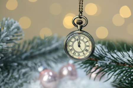 Pocket watch, shiny baubles, fir branches and artificial snow against blurred lights, closeup. New...