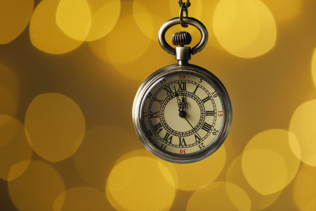 Pocket chain watch against golden background with blurred lights, closeup with space for text. New Year greeting cardの写真素材