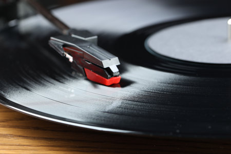 Closeup view of turntable with vinyl record