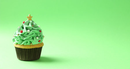 Christmas tree shaped cupcake on green background. Space for textの写真素材