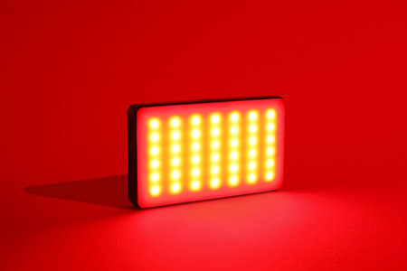 Glowing LED lamp on red background, closeup