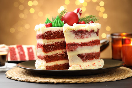 Tasty cake with Christmas decor on black table against blurred lights, closeup