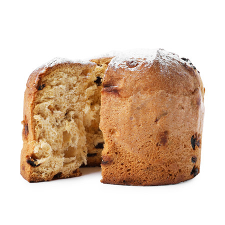 Christmas food. Delicious Panettone cake isolated on whiteの写真素材