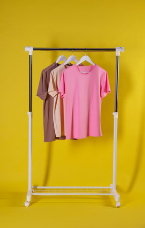 Different women's clothes hanging on rack against yellow backgroundの写真素材