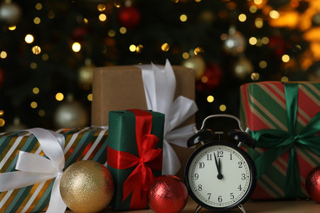 Alarm clock, baubles and gift boxes on table against dark background with blurred lights, closeup. New Year greeting cardの写真素材