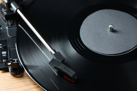Closeup view of turntable with vinyl record