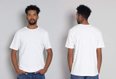 African-American man in white t-shirt against light background, collageの写真素材