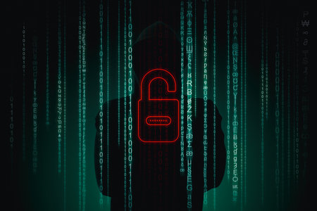 Cyber attack. Anonymous hacker, digital open lock and programming codes on dark green background