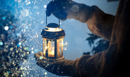 Merry Christmas. Woman holding lantern with string lights outdoors, closeup. Banner designの写真素材