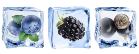 Clear ice cubes with berries isolated on whiteの写真素材