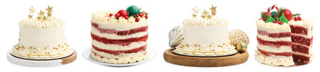 Delicious cakes with Christmas decor isolated on white, setの写真素材