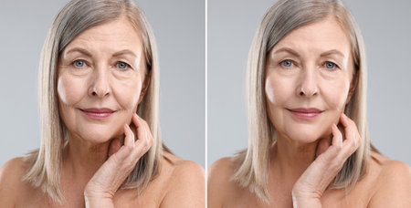 Woman before and after anti-aging treatment on gray background, closeup. Collage showing skin rejuvenationの写真素材