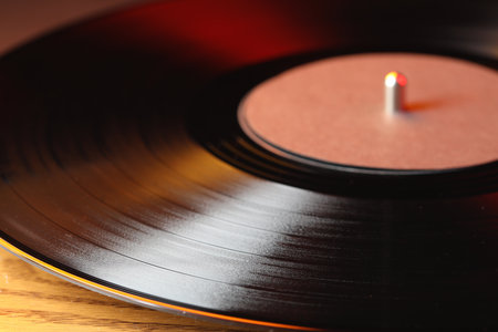 Closeup view of turntable with vinyl recordの写真素材