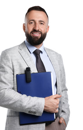 Businessman with camera and clipboard on white backgroundの写真素材