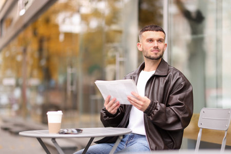Young man reading newspaper at table in outdoor cafe. Space for text