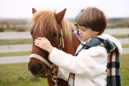 Equine assisted therapy. Little boy stroking beautiful pony in countryside. Lovely domesticated petの写真素材