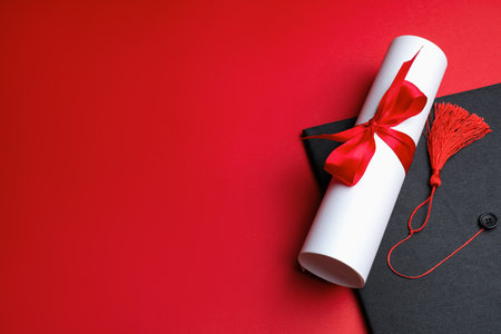 Diploma and graduation hat on red background, above view. Space for textの写真素材