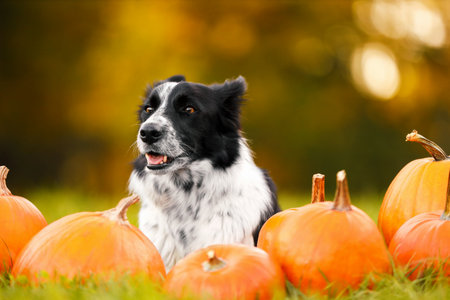 Cute dog and pumpkins in autumn parkの写真素材