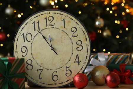 Wall clock, baubles and gift boxes on table against dark background with blurred lights, closeup....