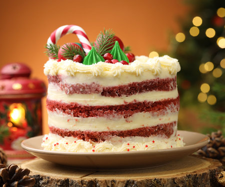 Tasty cake with Christmas decor on wood against blurred lights, closeupの写真素材