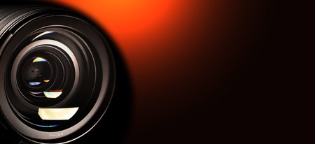 Camera lens against color gradient background, closeup. Banner design with space for textの写真素材