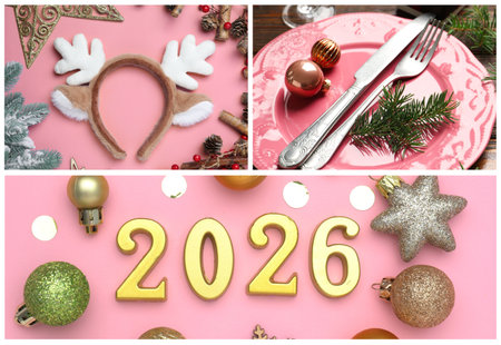 Christmas and New Year celebration. Festive themed collage of pictures with decor and numbers 2026