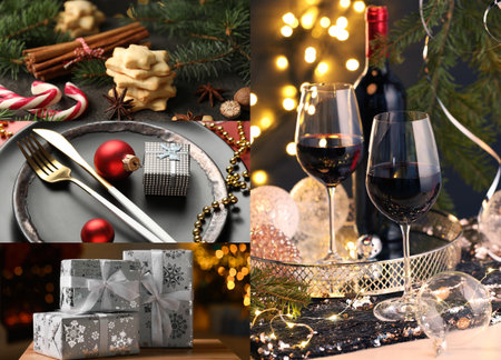 Christmas and New Year celebration. Festive themed collage of picturesの写真素材
