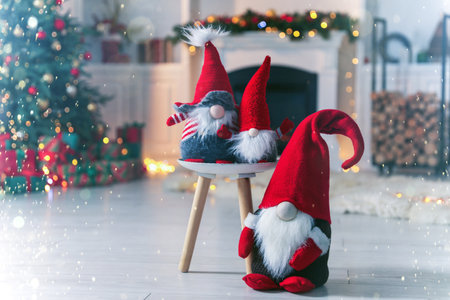 Merry Christmas. Holiday card with cute gnomes in roomの写真素材