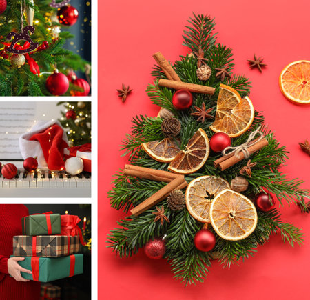 Christmas and New Year celebration. Festive themed collage of picturesの写真素材