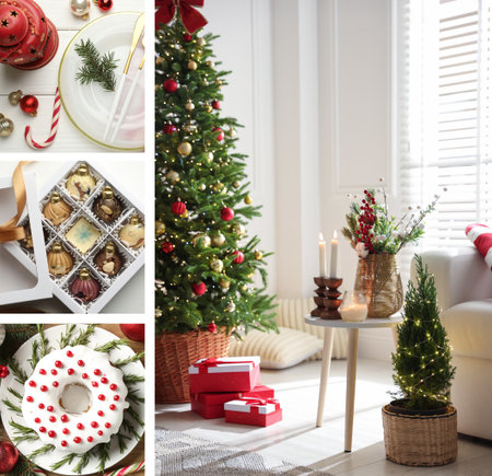 Christmas and New Year celebration. Festive themed collage of picturesの写真素材