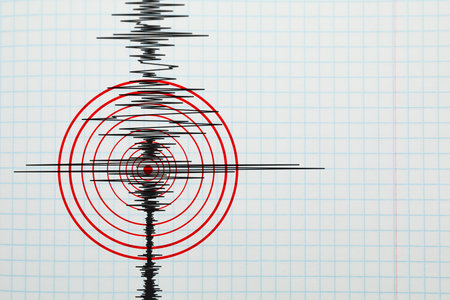 Earthquake marked with red circles on seismogram. Graph from seismometerの写真素材