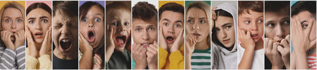 Scared and anxious people, collage of photos. Banner design. Concept of phobia