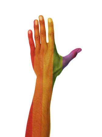 Man showing hand in colors of LGBT flag on white background, closeup