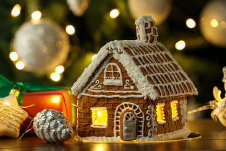 Beautiful gingerbread house with icing and Christmas decor on wooden table against background with blurred lights, closeup